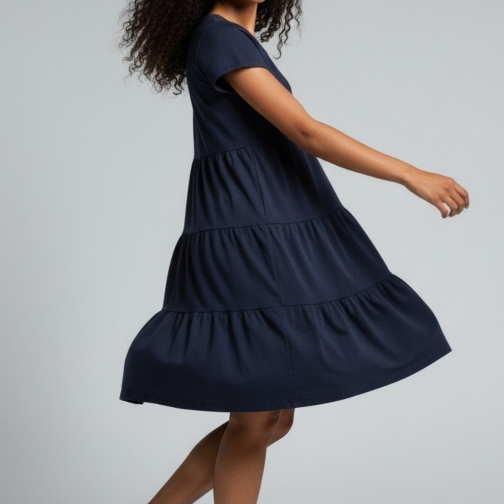 Tiered Navy Short-Sleeve Dress - Women